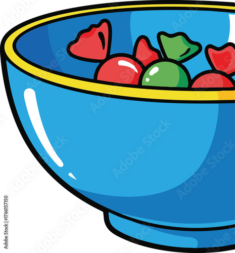 Bright Blue Bowl Filled With Red And Green Wrapped Candies On A White Background