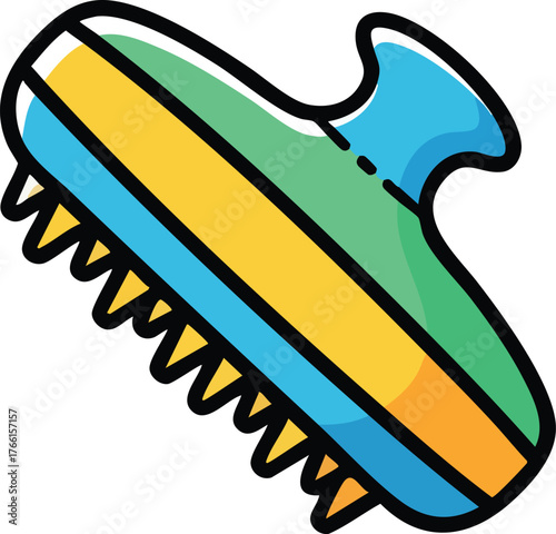 Brightly Colored Handheld Scrub Brush Tool With Blue Yellow And Green Stripes And Jagged Bristles