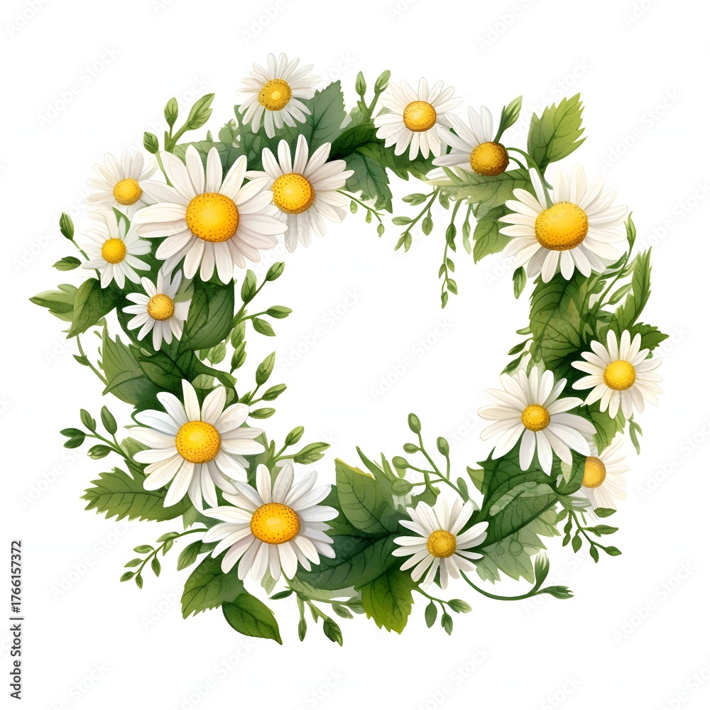 Fototapeta premium Daisy wreath with lush greenery and white petals