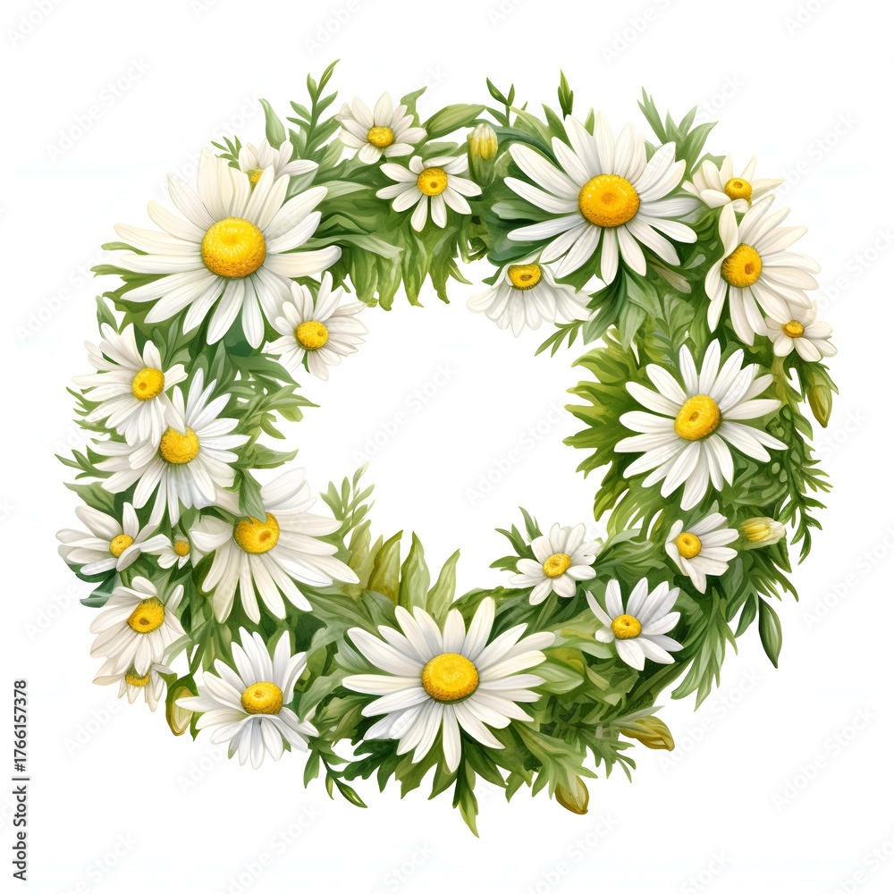Fototapeta premium Daisy wreath: a charming circular arrangement of white daisies and lush green foliage