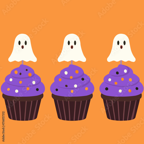 Flat vector of spooky Halloween cupcakes with ghost toppers, sprinkles, and purple frosting
