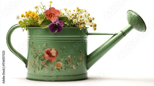 A vintage green watering can adorned with colorful flowers, showcasing a charming, floral display perfect for gardening enthusiasts.