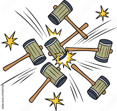 Cartoon Hammer Barrage With Yellow Starbursts And Motion Lines