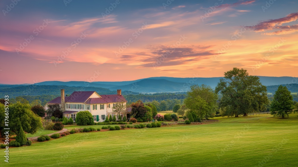 Naklejka premium Sunset over a beautiful countryside estate with vibrant skies and rolling hills in the background