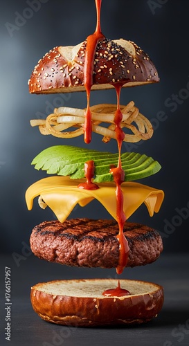 Vegan Burger Deconstructed Mid-Air Beyond Meat Pretzel Bun Advertising Photography