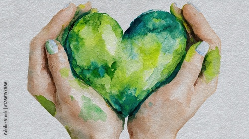 A pair of hands holds a vibrant, green heart, symbolizing love for nature and the environment through a watercolor art style.