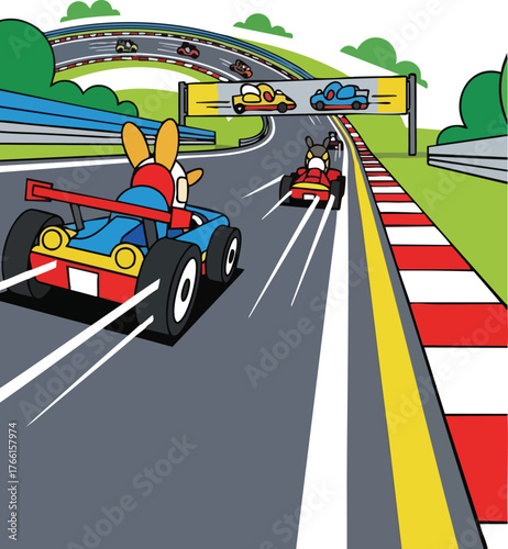 Cartoon Racing Cars With Animal Drivers On A Track With Grandstands And Green Hills Under A Bright Sky
