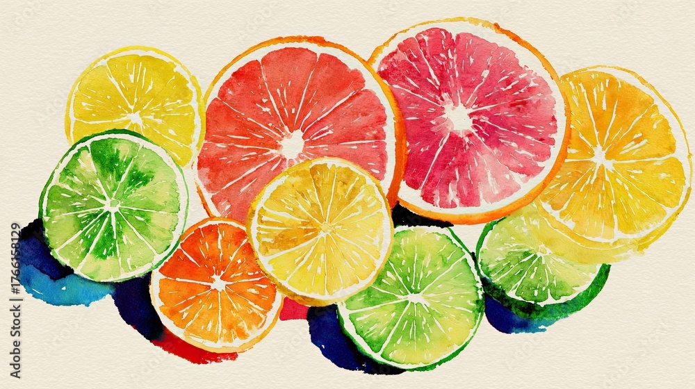 Fototapeta premium A vibrant watercolor illustration of various citrus fruits, including oranges, lemons, limes, and grapefruits, showcasing their colorful slices.