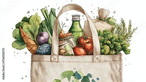 A tote bag overflowing with fresh vegetables, fruits, and a beverage, representing healthy eating and sustainability.