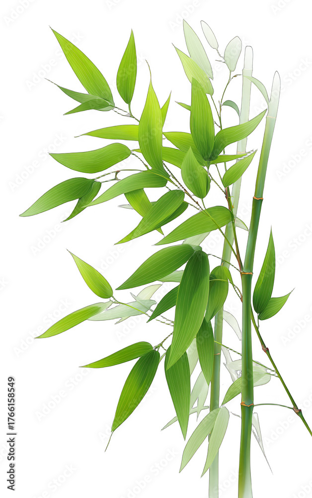 Obraz premium This image features green bamboo leaves with slender stems, showcasing fresh and natural plant foliage in a serene setting.