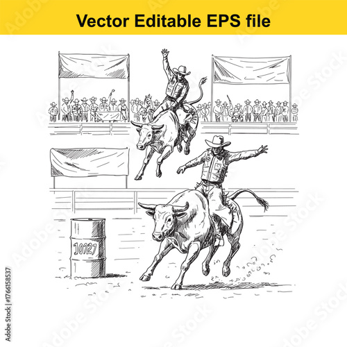 Vector art of energetic illustration of cowboys engaged in a rodeo, showcasing bull riding and barrel racing against a backdrop of spectators