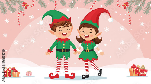 children in elf costume with christmas gifts