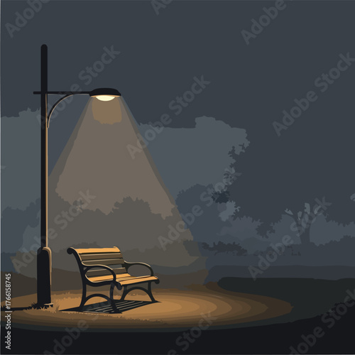 Empty Park Bench Illuminated by a Lamppost at Night.