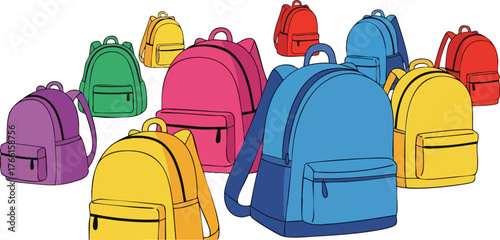 Collection of Colorful Backpacks Arranged Artistically On White Background