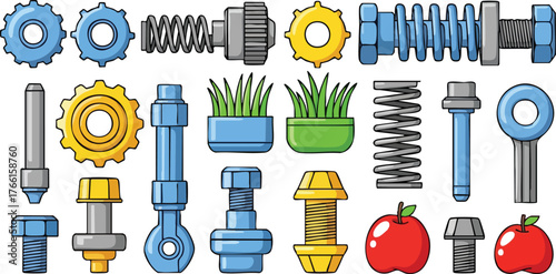 Collection of Pixel Art Industrial Components Gears Springs Bolts and Fasteners with Red Apples and Green Grass