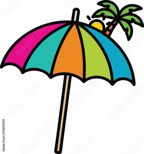 Colorful beach umbrella with palm tree and sun on white background cartoon style