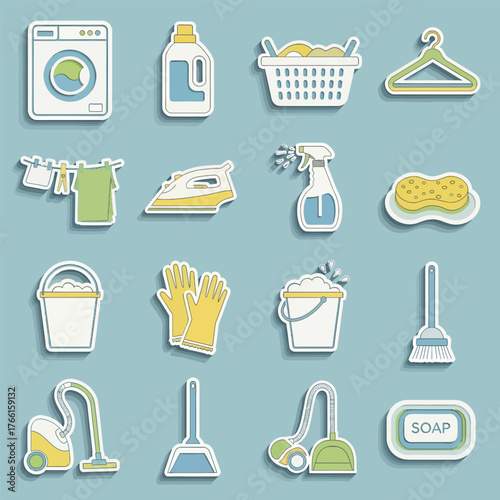 Laundry equipment arranged on blue surface representing household chores and cleaning tasks with a neat and organized presentation.