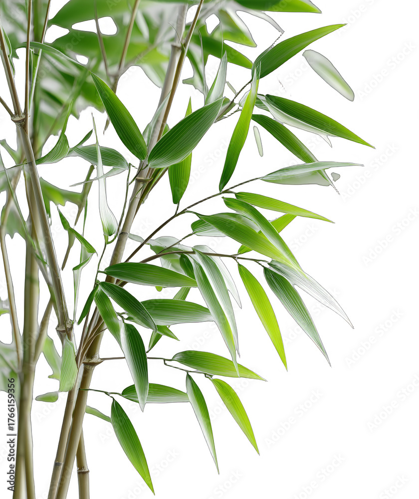Fototapeta premium A close-up view of green bamboo leaves and slender stems, showcasing the natural beauty of the plant.