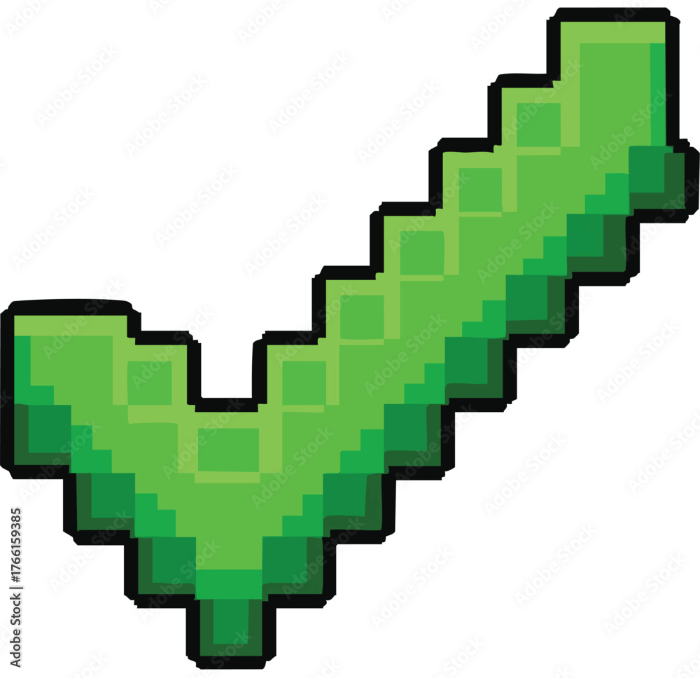 Fototapeta premium Green pixel art checkmark icon isolated on white.