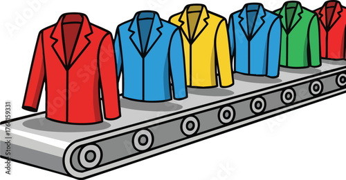 Colorful Jackets Lined Up On A Conveyor Belt In A Row