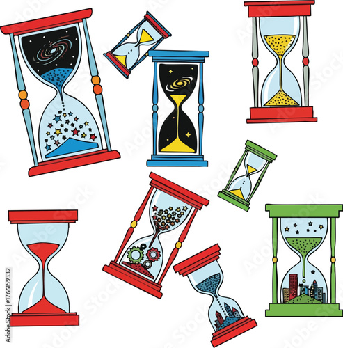 Colorful Hourglasses Filled With Diverse Elements Representing Time And Life Stages Isolated On White Background