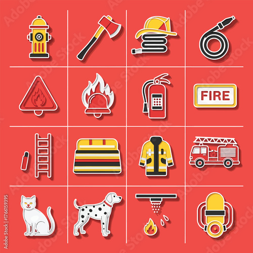 Firefighting equipment displayed on red surface, showcasing tools like hydrant, axe, hose, and extinguisher, creating a sense of safety and readiness.