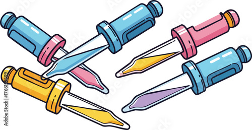 Colorful Pixel Art Droppers Filled With Blue Yellow And Pink Liquids Against A White Background