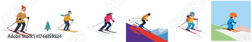 Colorful Flat Style Downhill Skier Diverse Collection of Active Winter Sport Illustrations