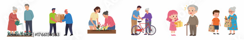 Charming Cartoon Illustration of Intergenerational Relationships and Community Care Scenes