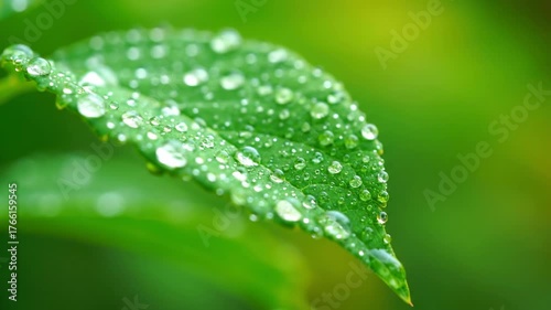 Extreme macro view of a vibrant green leaf surface covered in glistening dew drops gently swaying in a light breeze refreshing, leaf surface, environment