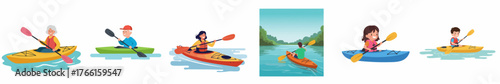 Flat Design Diverse People Enjoying Kayaking Activity on Calm Water Illustration