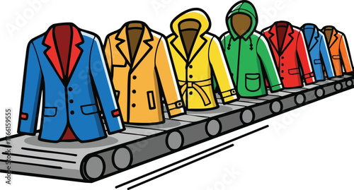 Colorful Raincoats Lined Up On A Conveyor Belt In A Factory Production Line