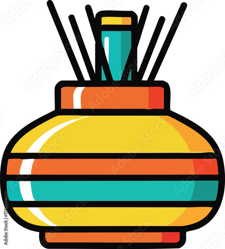 Colorful striped ceramic diffuser bottle with reeds emitting fragrance in a bright yellow orange and teal pattern on a white background