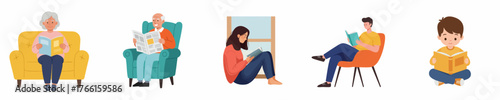 Diverse Flat Illustration of People Reading Book in Relaxing Situations