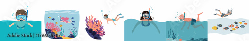 Creative Illustration of People Snorkeling With Underwater Animals and Coral Reefs