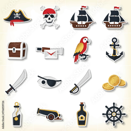 Pirate themed objects floating on parchment paper creating a fun and adventurous atmosphere, perfect for a children's party or nautical themed project.