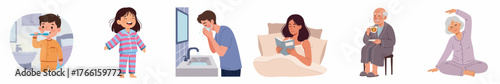 Diverse Illustration of Morning Routine Activities for Healthy Daily Life