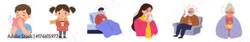 Cute Cartoon Illustration of People with Flu and Cold Symptoms Set Icon