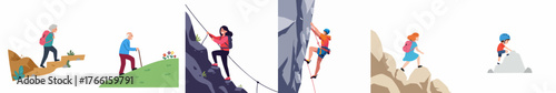 Flat Style Diverse People Mountain Climbing and Hiking Activities Illustration