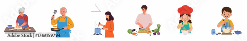 Flat Style People Family Cooking Activities Illustration in Kitchen Lifestyle