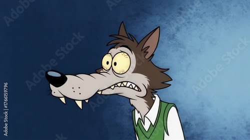 A cartoon wolf with wide, staring eyes and a fearful expression, wearing a green vest over a white shirt