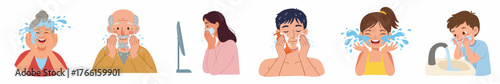 Cartoon Style Diverse Age Group People Washing Face Routine Illustration