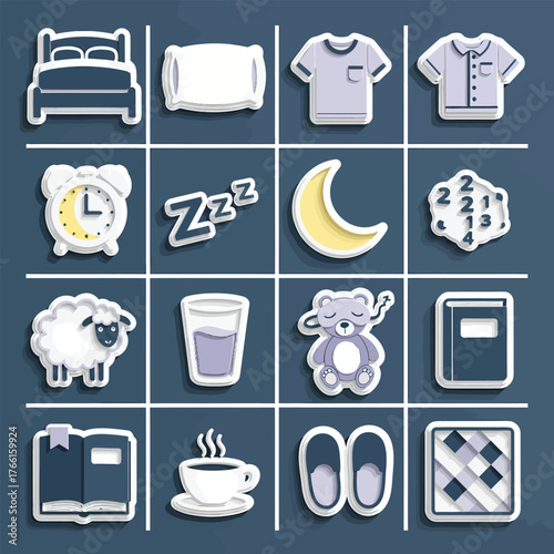 Collection of bedtime related objects arranged on dark blue surface representing a night time routine for restful sleep and relaxation.