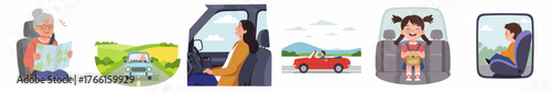 Cartoon Illustration of Various Individuals Enjoying Car Travel and Road Trip Scenes
