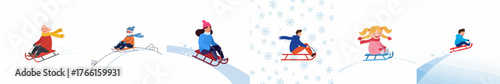 Flat Graphic Group of People Sledding Downhill in Winter Landscape