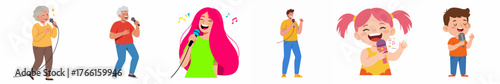 Cartoon Style Various Age People Singing with Microphone Illustration Set