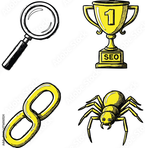 Hand drawn SEO icons set with magnifying glass trophy link and spider.