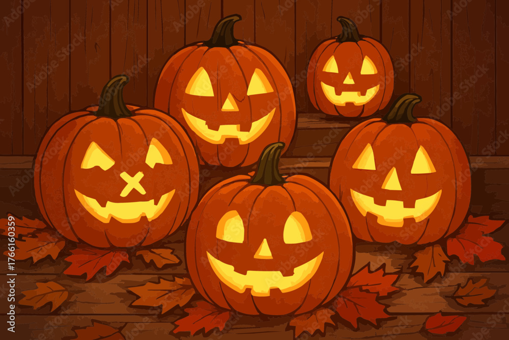 Obraz premium Vector of carved pumpkins with glowing faces arranged on wooden porch with autumn leaves