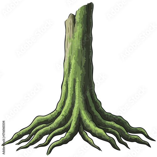Illustrated green tree stump with large exposed roots.