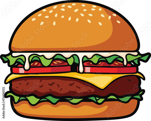 Detailed Hamburger With Sesame Seed Bun Melted Cheese And Fresh Lettuce Tomato